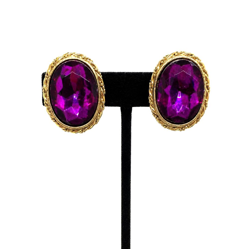 Vintage Purple Earrings Glass Gold Tone Faceted Clip On Victorian Revival